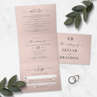 Minimalistisch Blush Pink All-in-One Weddenfoto Drieluik Uitnodiging