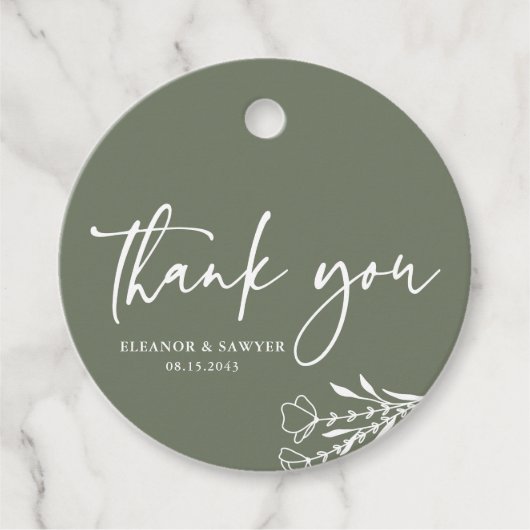 Minimalistisch boeket taupe groene bruiloft bedank bedankjes labels (Voorkant)