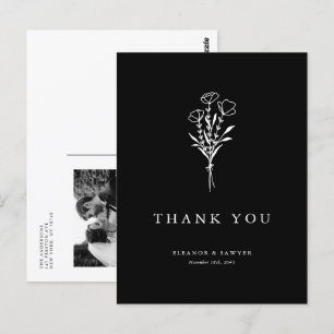 Minimalistisch boeket zwarte foto bruiloft bedankt briefkaart