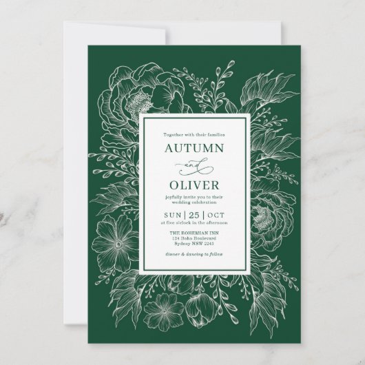 Minimalistisch Boho Botanical Emerald Green Weddin Kaart (Voorkant)