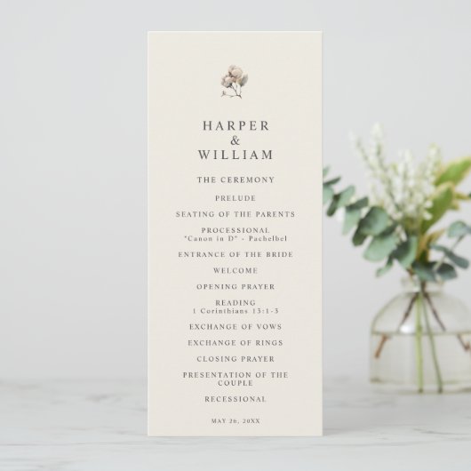 Minimalistisch Boho Cotton Twig bruiloft programma (Staand voorkant)