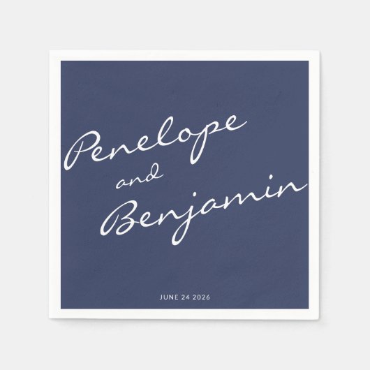 Minimalistisch Boho Navy Blue Script Weddenschap A Servet (Voorkant)