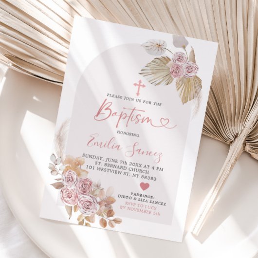 Minimalistisch Boho Pink Floral Arc Baptism Uitnod Kaart