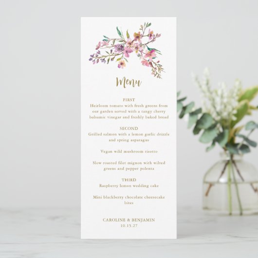 Minimalistisch Boho roze Wildbloemen Bruiloft Cust Menu (Staand voorkant)