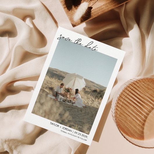 Minimalistisch Boho Script Photo Weddenschap Save The Date