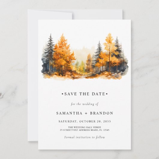 Minimalistisch bos in herfstkleuren save the date (Voorkant)
