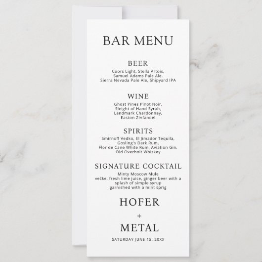 Minimalistisch Bruiloft Menu Script Receptie Diner Kaart (Voorkant)