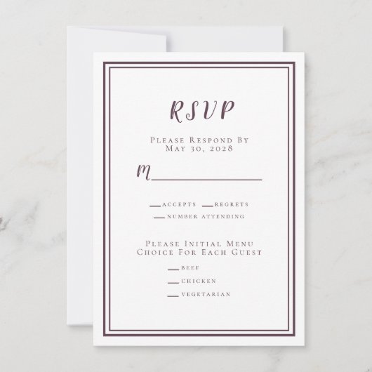 Minimalistisch bruiloft RSVP Menu Paars White (Voorkant)