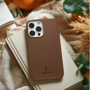 Minimalistisch bruin lederen tekst op maat monogra Case-Mate iPhone 14 hoesje