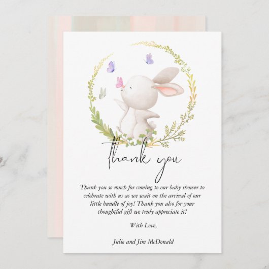 Minimalistisch Bunny en Vlinders Baby shower Bedankkaart (Voorkant / Achterkant)
