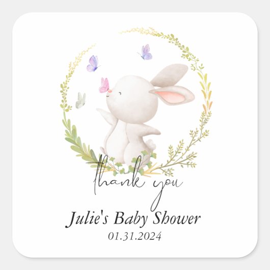 Minimalistisch Bunny en Vlinders Baby shower Vierkante Sticker (Voorkant)