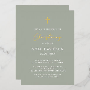 Minimalistisch Christening Gray Green & Gold Folie Uitnodiging