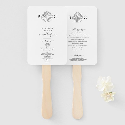 Minimalistisch Clam Seashell Monogram bruiloft pro Handwaaier (Voorkant en achterkant)