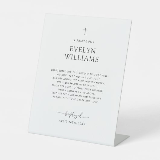 Minimalistisch doopgebed gepersonaliseerd reclamebord met voetstuk (Voorkant)