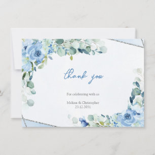Minimalistisch eenvoudig Dusty Blue Floral Silver Bedankkaart