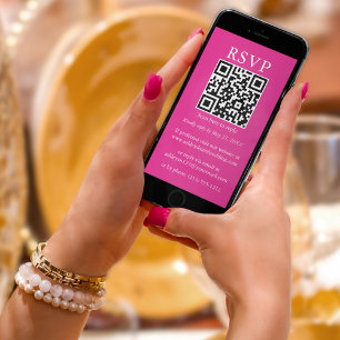 Minimalistisch Eenvoudig huwelijk QR RSVP Hot Pink Kaart