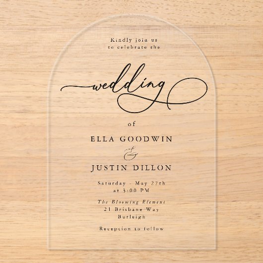 Minimalistisch eenvoudig modern script acryl uitnodigingen (Voorkant)