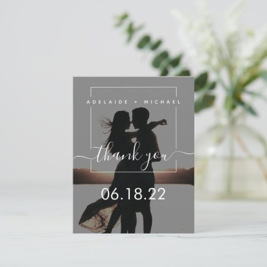 Minimalistisch eenvoudig script bruiloft 3 Fotocol Bedankkaart (Staand voorkant)