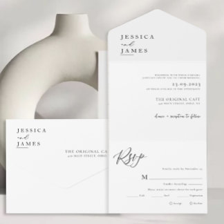 Minimalistisch Elegant Chique Zwart-wit Bruiloft All In One Uitnodiging
