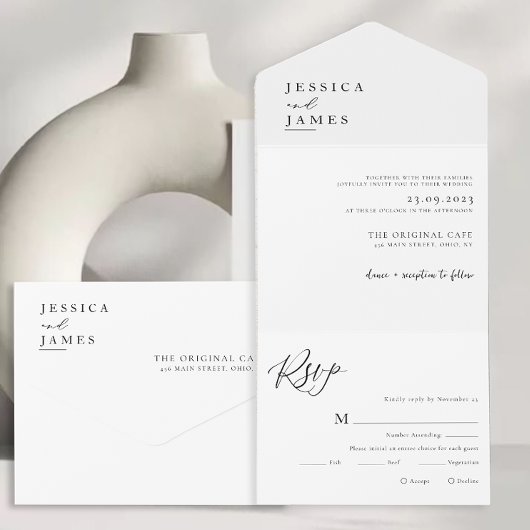 Minimalistisch Elegant Chique Zwart-wit Bruiloft All In One Uitnodiging