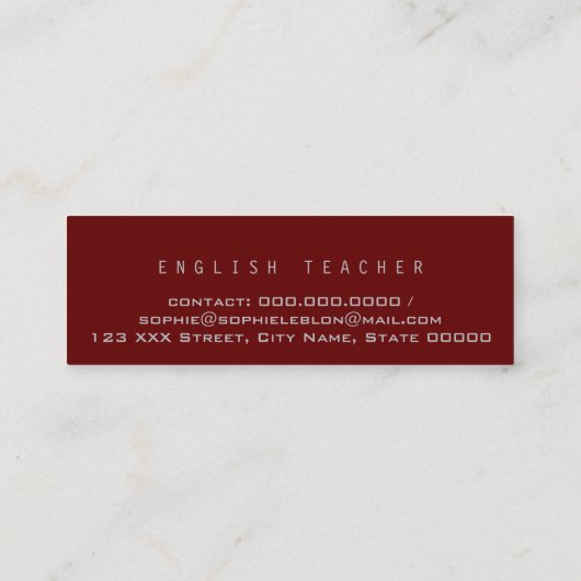 Minimalistisch Elegant Engels Leraar Donkerrood Mini Visitekaartje (Achterkant)