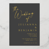Minimalistisch Elegant Gold Black Script Photo Wed Folie Uitnodiging (Voorkant)