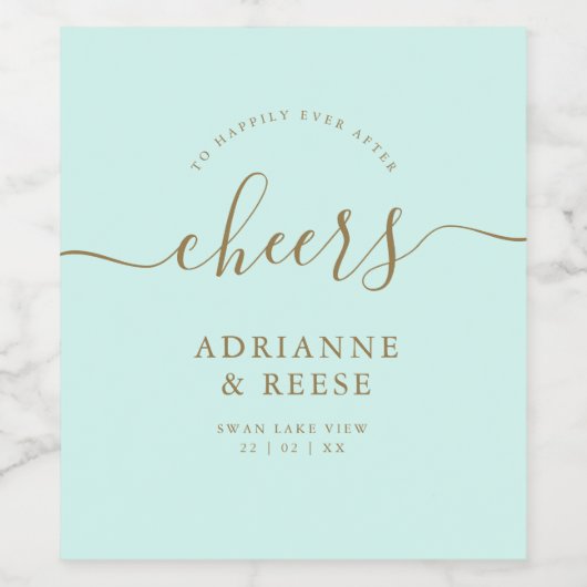 Minimalistisch elegant Mint Green & Gold Wedding Wijn Etiket (Enkel label)