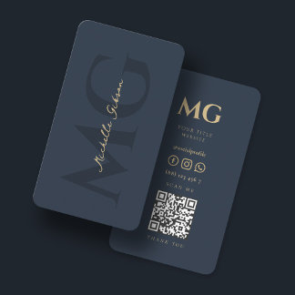 Minimalistisch elegant monogram donkerblauw QR Visitekaartje