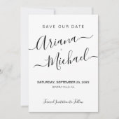 Minimalistisch Elegant Name Script Black White Wed Save The Date (Voorkant)