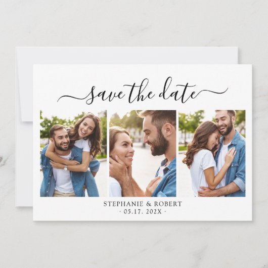Minimalistisch Elegant Script 3 Fotocollage Bruilo Save The Date (Voorkant)
