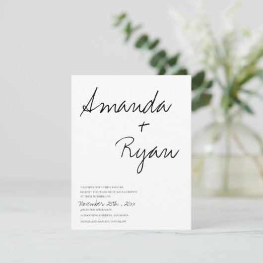 minimalistisch | Elegant Script Black & White Wedd Kaart (Staand voorkant)