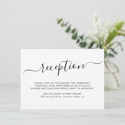 Minimalistisch Elegant Script bruiloft receptie Informatiekaartje (Staand voorkant)