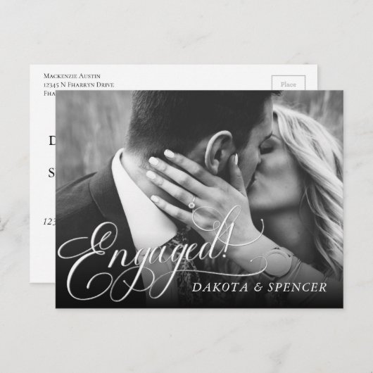 Minimalistisch Elegant Script Photo Verloving Aankondigingskaart (Voorkant / Achterkant)