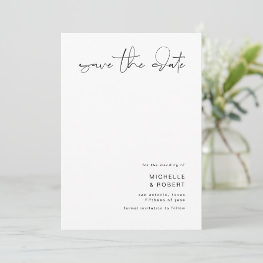 Minimalistisch elegant Script Silver Save the Date Kaart (Staand voorkant)