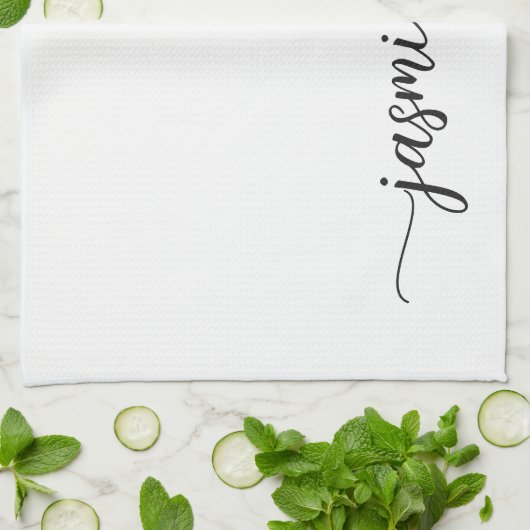 Minimalistisch Elegant White Monogram Name Script Theedoek (Gevouwen)
