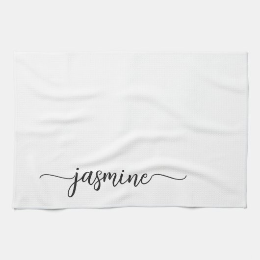Minimalistisch Elegant White Monogram Name Script Theedoek (Horizontaal)