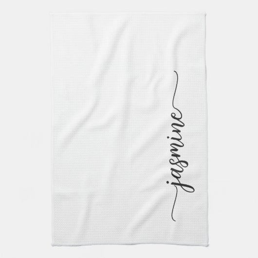 Minimalistisch Elegant White Monogram Name Script Theedoek (Verticaal)