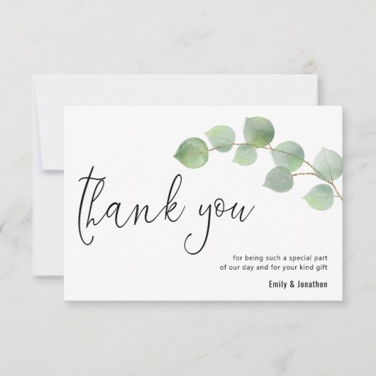 Minimalistisch Eucalyptus Blad Script Foto Bruilof Bedankkaart (Voorkant)