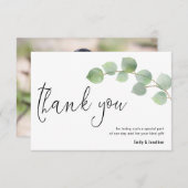 Minimalistisch Eucalyptus Blad Script Foto Bruilof Bedankkaart (Voorkant / Achterkant)
