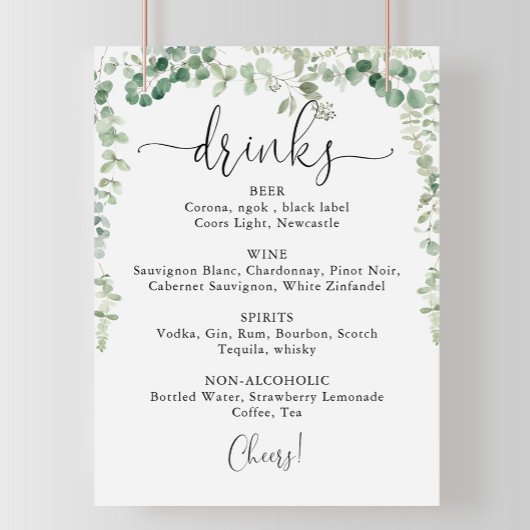 Minimalistisch Eucalyptus Bruiloft Dranken Menu Bo Poster