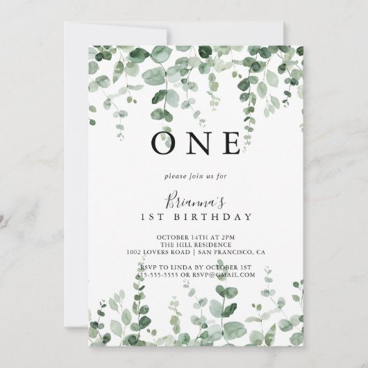 Minimalistisch eucalyptus eerste verjaardagsfeestj kaart (Voorkant)