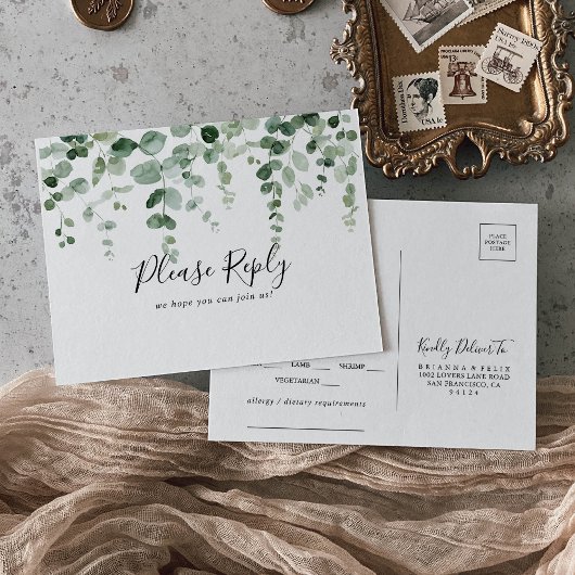 Minimalistisch Eucalyptus Menu Keuze RSVP Briefkaa