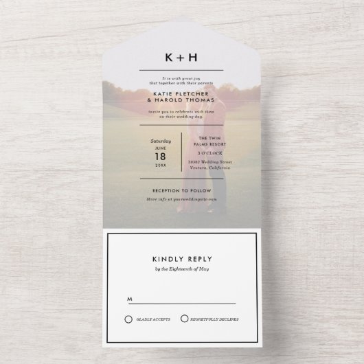 Minimalistisch fotohuwelijk all in one uitnodiging (Binnen)