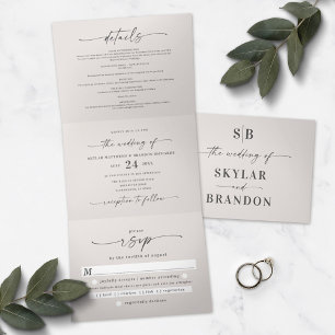 Minimalistisch gebroken wit alles in één bruiloft  drieluik uitnodiging