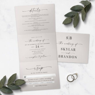 Minimalistisch gebroken wit alles in één bruiloft  drieluik uitnodiging