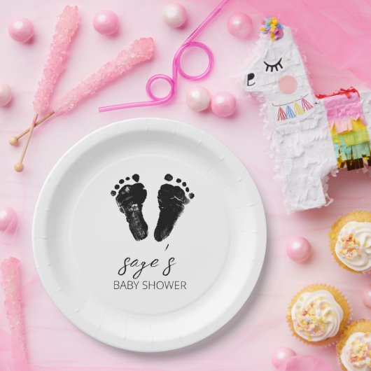 Minimalistisch genderneutraal footprints Baby show Papieren Bordje (Feest)