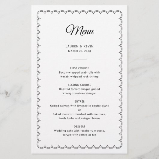 Minimalistisch gescalloped grensmenu met naam (Voorkant)