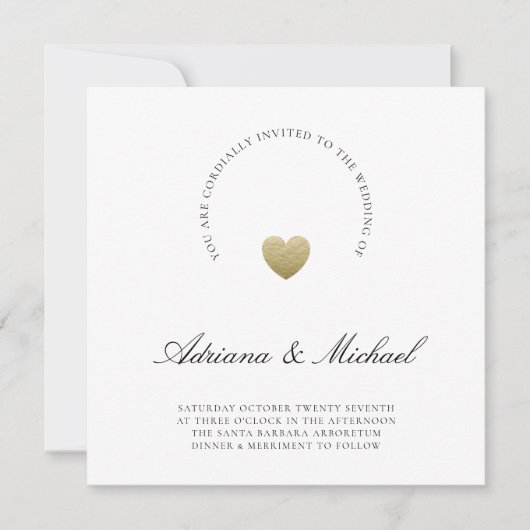 Minimalistisch Gold Heart Modern Script Wedding Kaart (Voorkant)