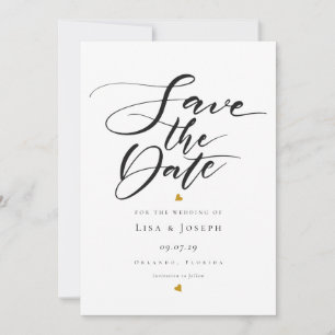 Minimalistisch Gold Hearts Black and White Script Save The Date