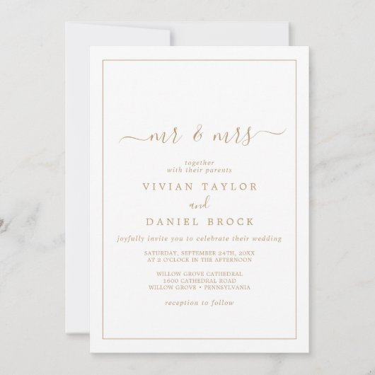 Minimalistisch Gold Mr en Mrs Wedding Kaart (Voorkant)
